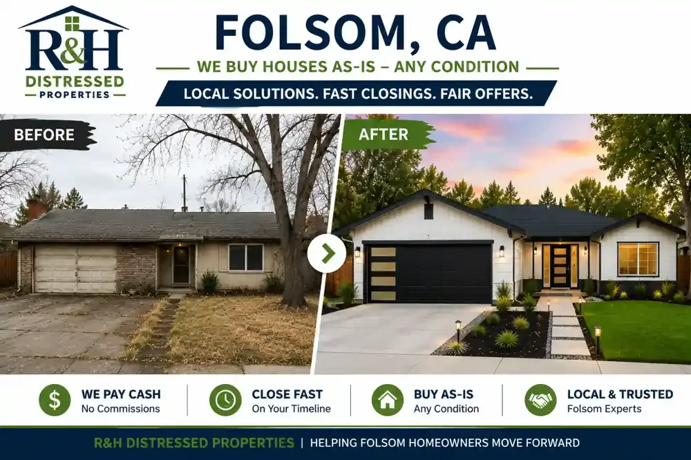 Before and after Folsom CA home transformation showing a distressed house renovated after homeowners chose to sell my house fast for cash to R&H Distressed Properties without repairs, showings, or realtor commissions