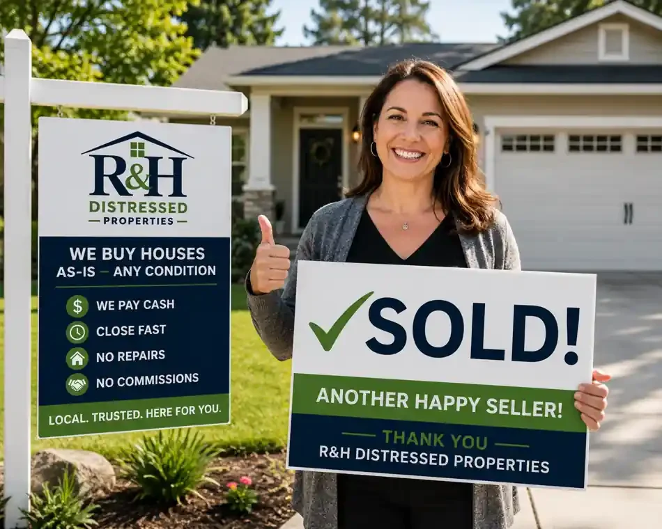 Happy homeowner holding a sold sign after selling a house fast for cash to R&H Distressed Properties, local we buy houses company helping sellers avoid repairs, fees, and realtor commissions