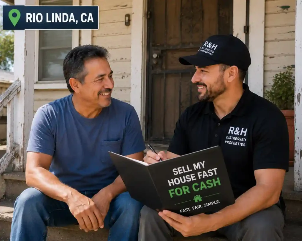 Happy homeowner talking with R&H Distressed Properties about a cash offer on the porch of a fixer upper house in Rio Linda CA after choosing to sell house fast for cash as is