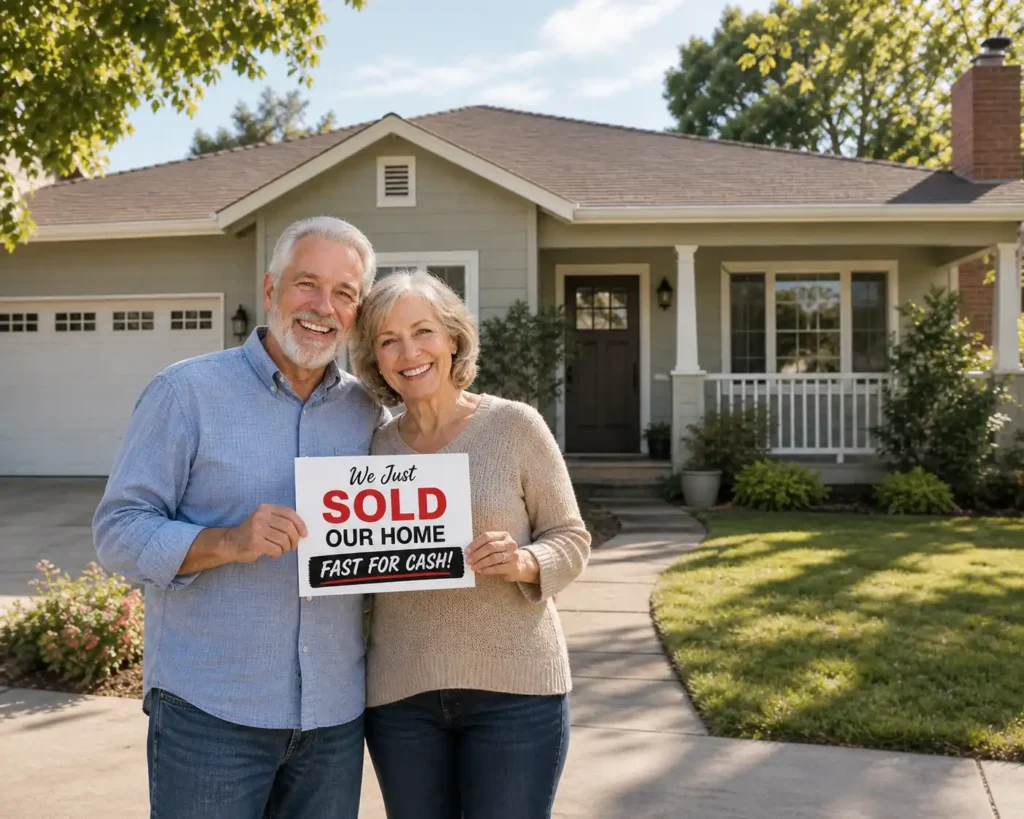sell my house fast Greenhaven Pocket Sacramento happy homeowners smiling outside home after quick cash sale