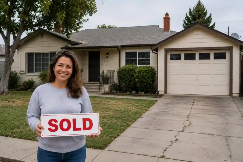 sell my house fast Hayward CA happy homeowner holding a sold sign outside a dated single family house with visible garage and driveway after a stress free cash home sale by R&H Distressed Properties