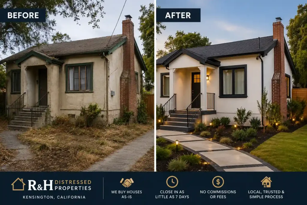 Professional before and after image of a Kensington California house renovation by R&H Distressed Properties showing an original condition home transformed into a modern updated property for homeowners looking to sell their house fast in Kensington CA