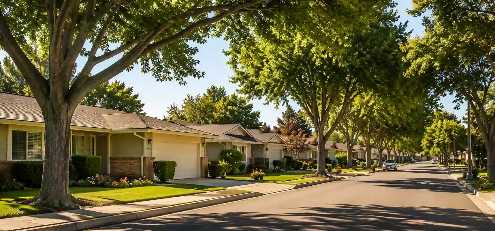 Tree lined residential street in Lincoln Village, Stockton CA representing homeowners looking to sell my house fast in Lincoln Village Stockton California