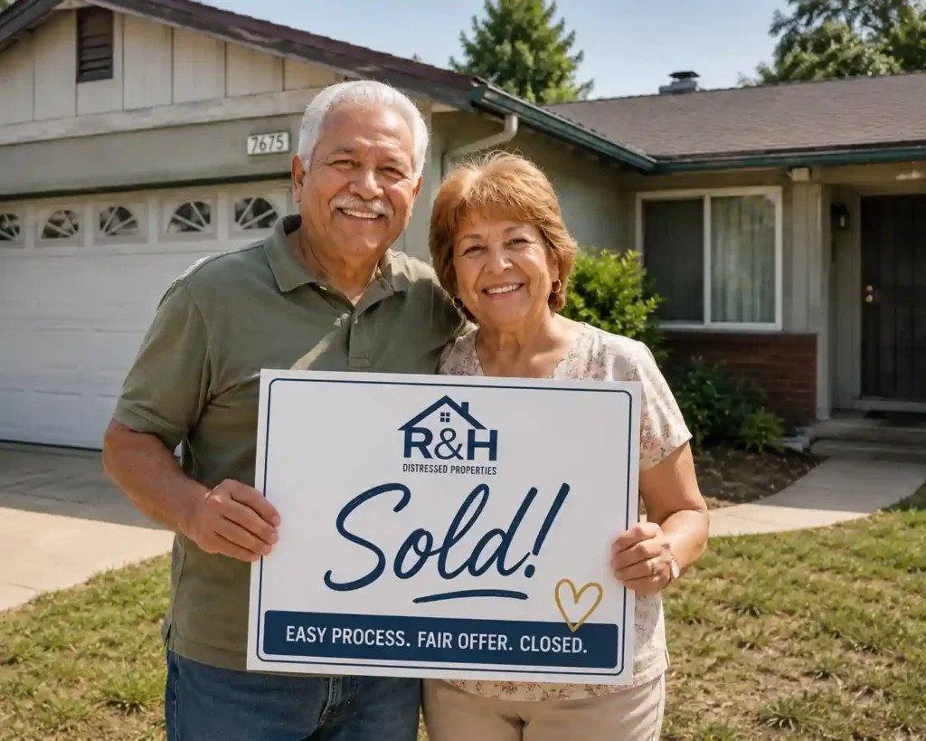 Happy Lincoln Village, Stockton homeowners holding a sold sign after selling their house fast for cash without repairs or realtor commissions