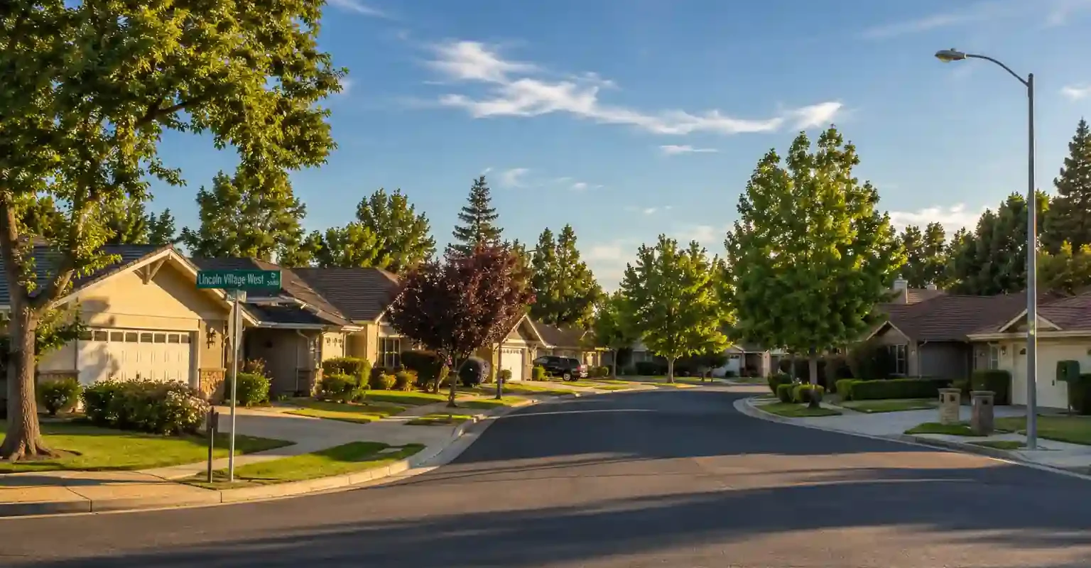 Tree lined street in Lincoln Village West Stockton California with suburban homes representing homeowners looking to sell houses fast in Lincoln Village West, Stockton CA