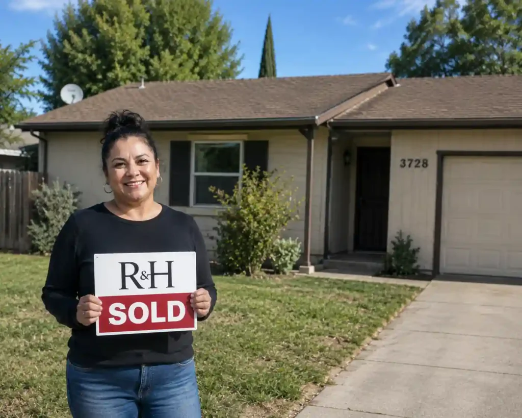 Happy homeowner holding a sold sign outside of a Lincoln Village West Stockton California house after selling their home fast for cash without repairs or realtor commissions