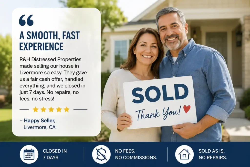 Happy Livermore CA homeowners holding a sold sign after selling their house fast for cash with a smooth and stress free home selling experience