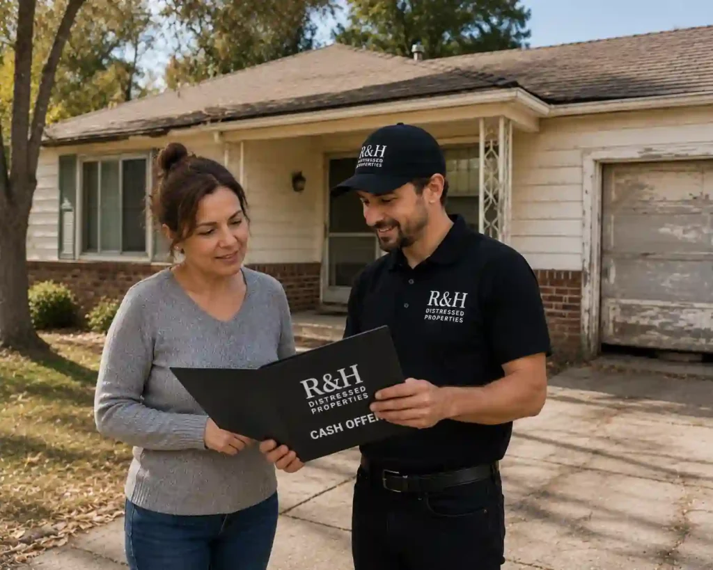 Homeowner reviewing a cash offer with R&H Distressed Properties outside a dated house in Lodi CA before selling the property as is for cash
