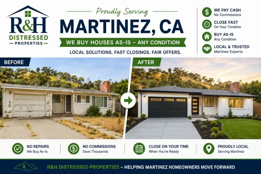 Before and after Martinez CA house transformation showing a distressed home renovated after homeowners decided to sell my house fast Martinez CA for cash to R&H Distressed Properties without repairs, commissions, or long closing delays