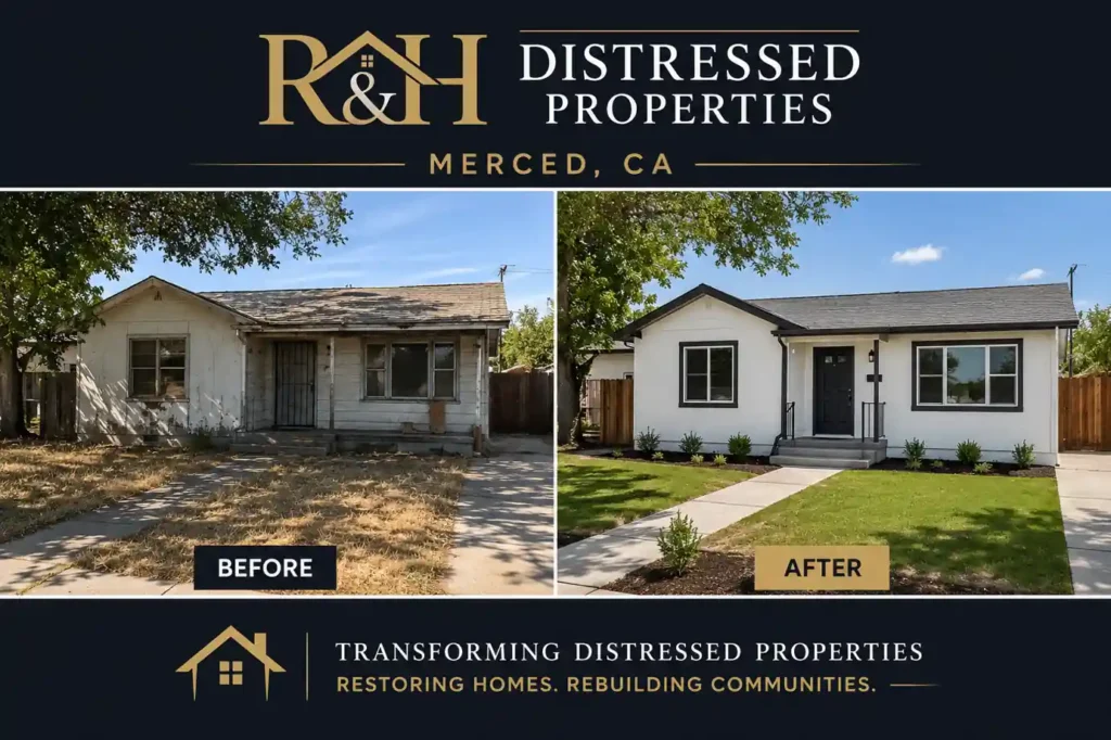Sell my house fast Merced CA before and after home transformation by R&H Distressed Properties showing a distressed property renovated into a clean updated house after a fast cash home sale
