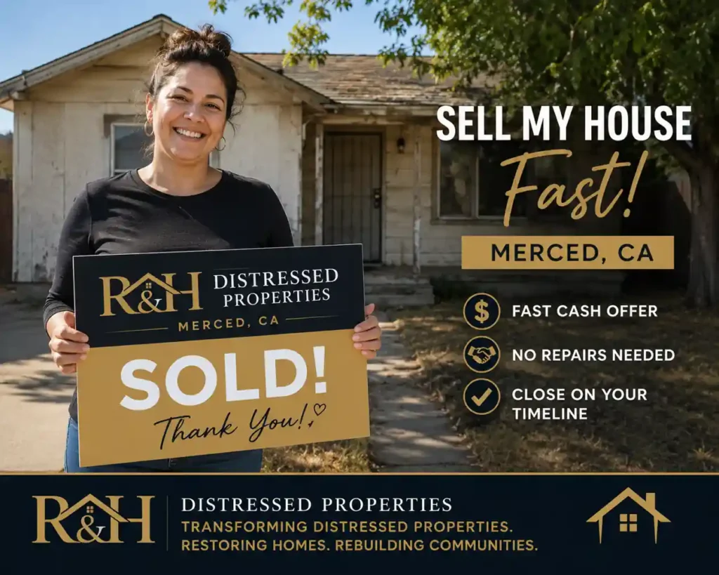 Cash Home Buyers Merced CA happy home seller holding a sold sign outside of a distressed house after selling to R&H Distressed Properties for a fast cash home sale