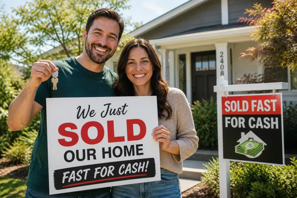 happy homeowners in Midtown Sacramento who sold their house fast for cash holding sold sign outside home