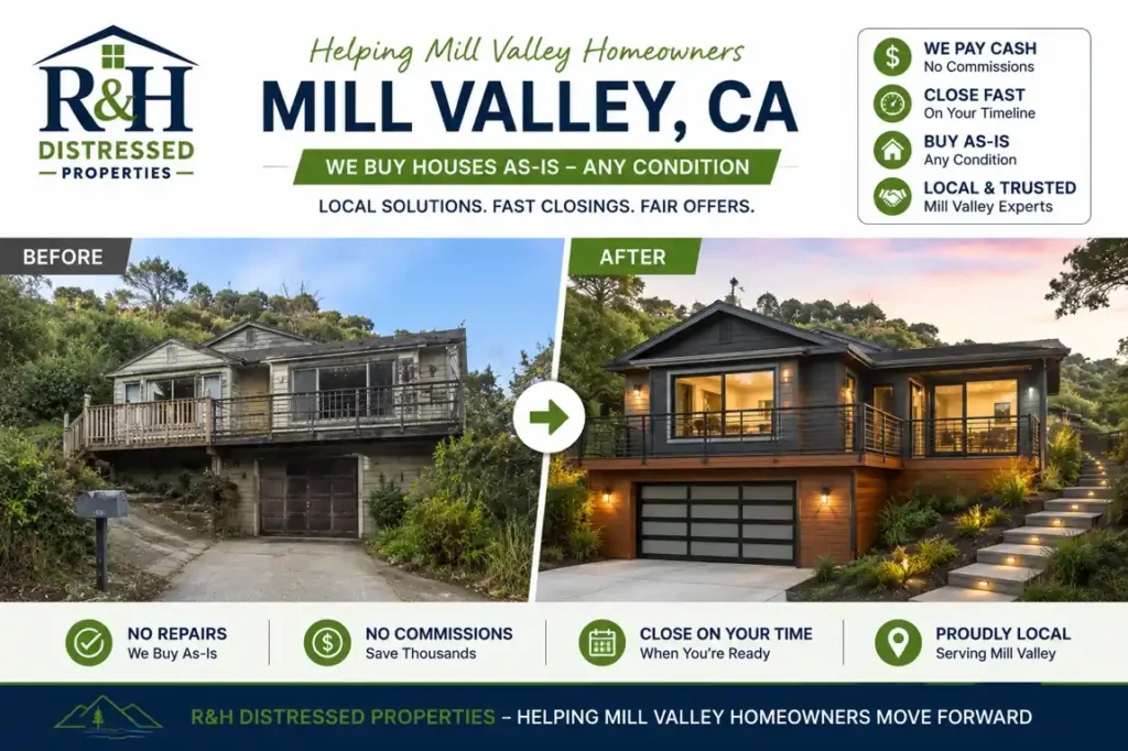 Before and after Mill Valley CA home transformation showing a dated hillside property renovated after homeowners chose to sell my house fast for cash to R&H Distressed Properties without repairs, commissions, or delays