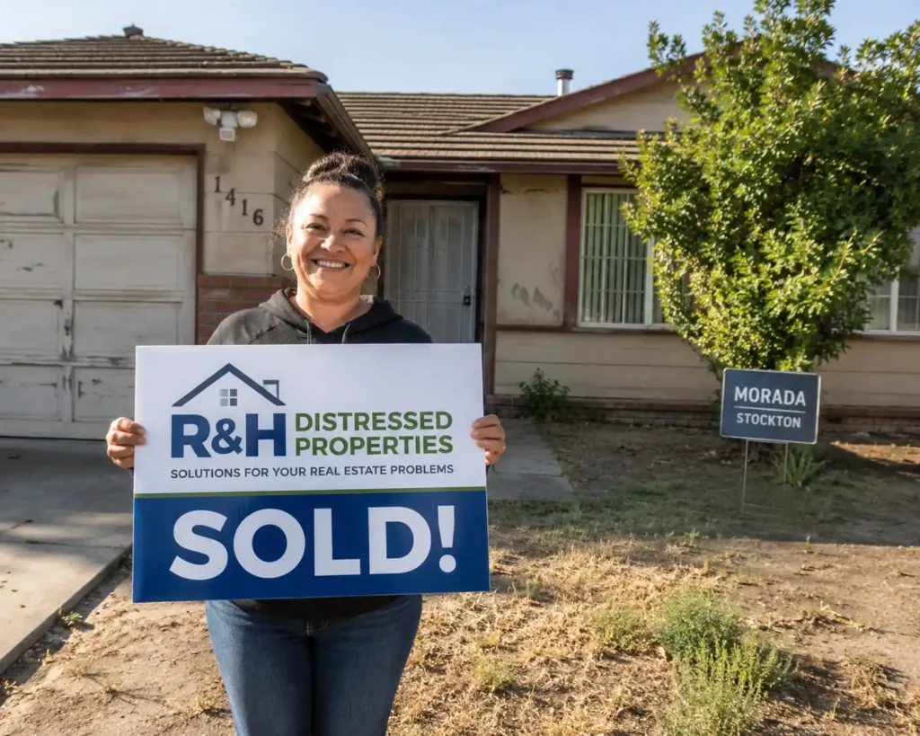 Happy homeowner holding a sold sign after selling fast for cash in the Morada neighborhood of Stockton California to R&H Distressed Properties.