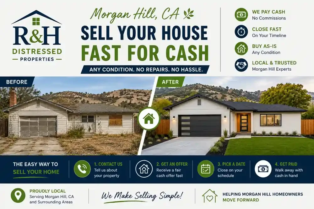 Fresh before and after Morgan Hill CA house transformation showing a dated home renovated after homeowners decided to sell my house fast Morgan Hill CA for cash to R&H Distressed Properties with no repairs, no commissions, and a fast as-is closing process