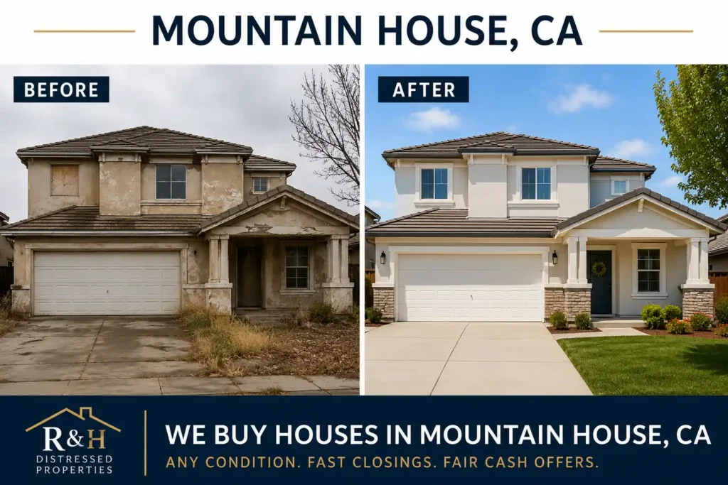 Before and after image showing a distressed Mountain House CA home transformed into a clean renovated property by R&H Distressed Properties, local cash home buyers that buy houses fast in any condition.