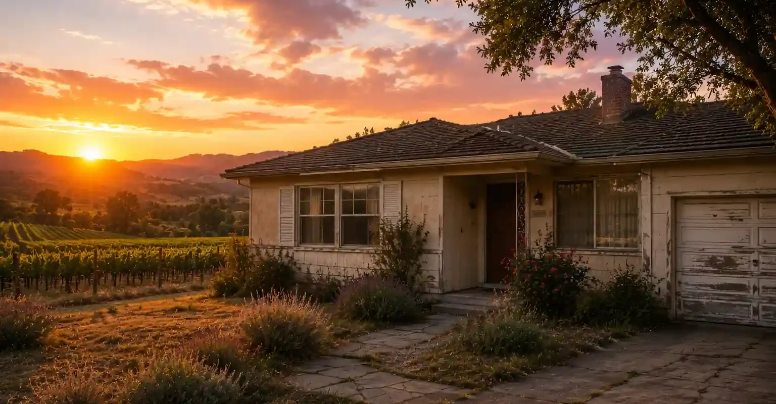 Sell my house fast Napa CA vineyard home at sunset with dated house and rolling wine country hills in California