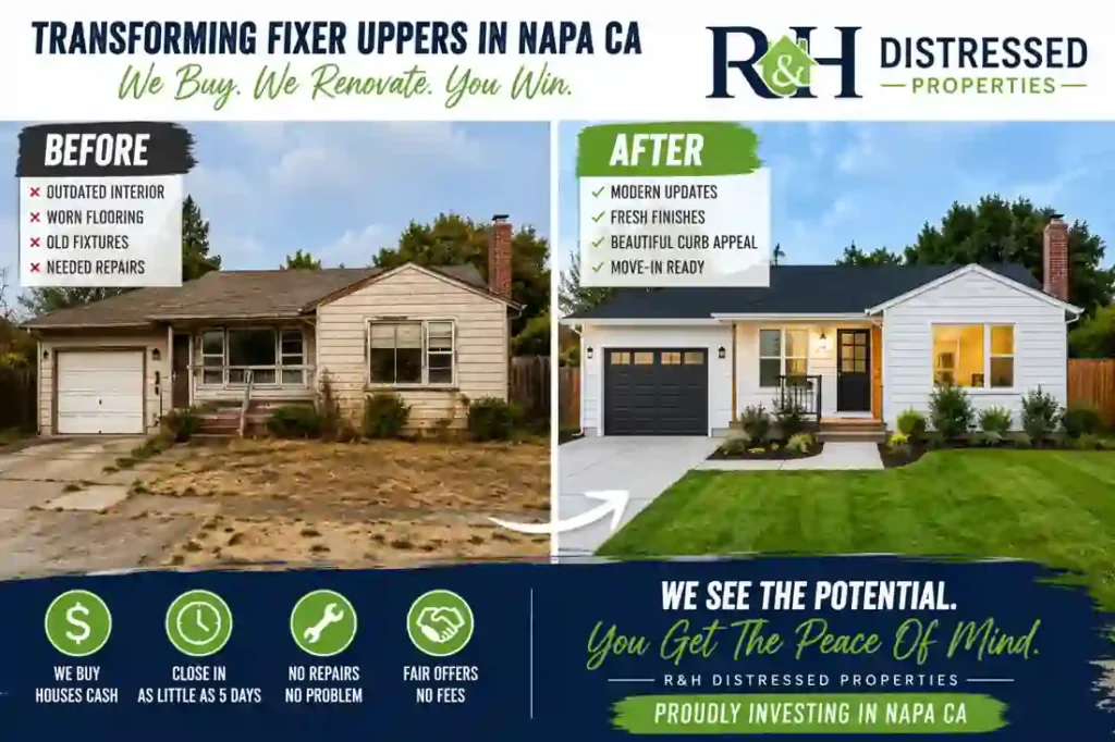 Before and after fixer upper house renovation in Napa CA by R&H Distressed Properties showing how to sell my house fast for cash without repairs or agent fees