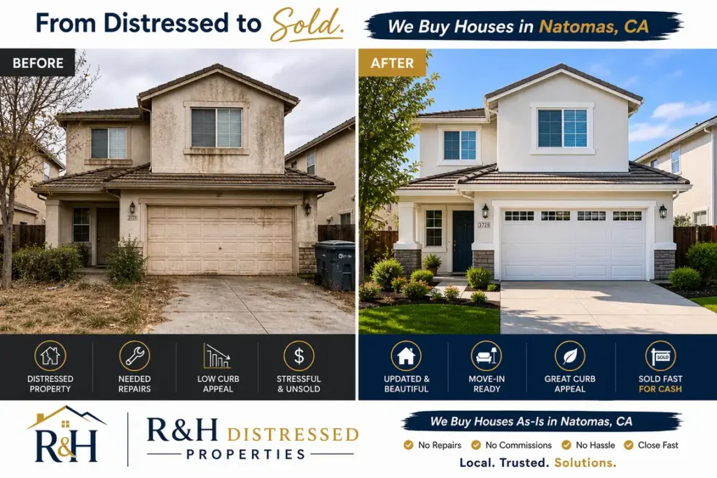 before and after selling a house fast in natomas ca with r&h distressed properties showing distressed home transformed into a clean updated property without repairs