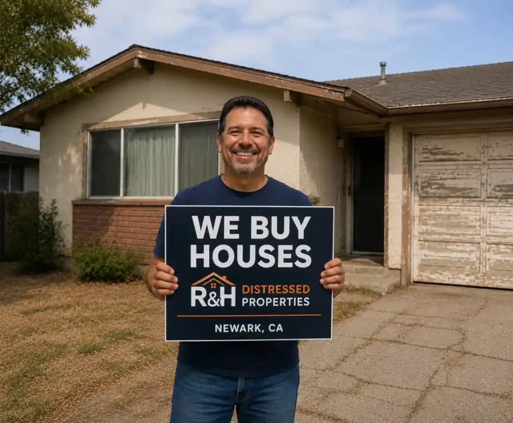 Happy Newark CA homeowner holding a sold sign after selling a fixer upper house fast to R&H Distressed Properties without repairs or realtor fees