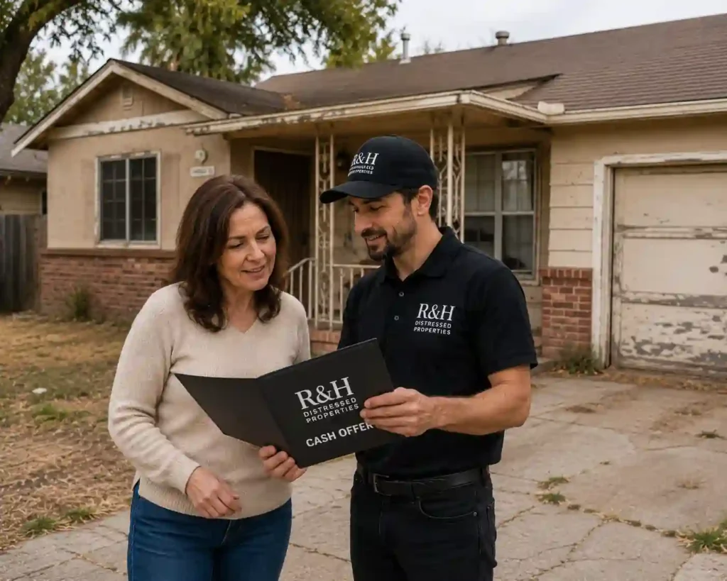 Homeowner reviewing a cash offer with R&H Distressed Properties outside a dated Oakdale CA house before selling as is for cash