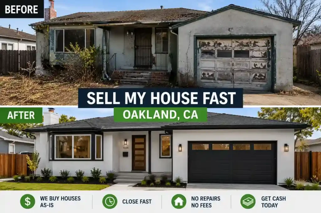 Before and after distressed house renovation in Oakland CA after selling house fast for cash to a local cash home buyer