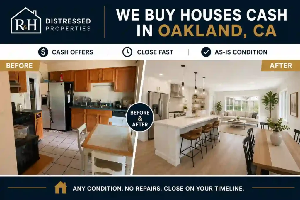 Sell my house fast in Oakland CA before and after kitchen remodel showing a distressed fixer upper transformed into a modern open floor plan by R&H Distressed Properties.