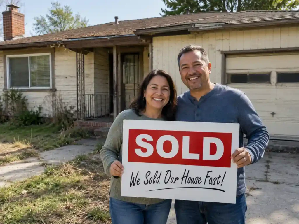 Happy Oakland CA homeowners holding sold sign after selling house fast for cash in front of a dated home to a local cash home buyer