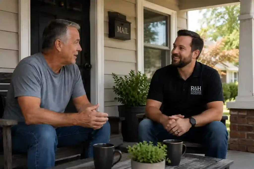 sale my house fast Oakland California image showing a local cash home buyer talking with a homeowner on a front porch during a stress free home selling consultation by R&H Distressed Properties
