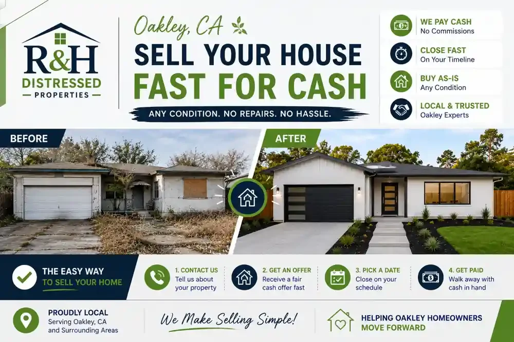 Before and after Oakley CA home transformation showing a distressed property renovated after homeowners chose to sell my house fast Oakley CA for cash to R&H Distressed Properties without repairs, commissions, or delays