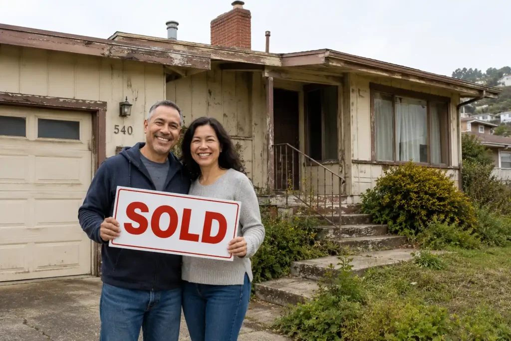 Happy Pacifica California homeowners holding a sold sign outside of a dated coastal house after selling their home fast for cash to a local cash home buyer