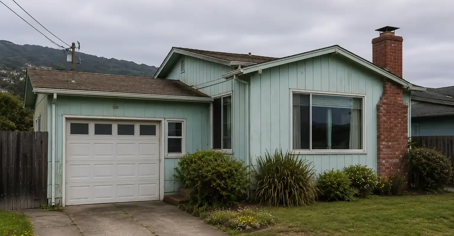 Original condition coastal home in Pacifica California with overcast skies and hillside backdrop for a sell my house fast Pacifica CA cash home buyer