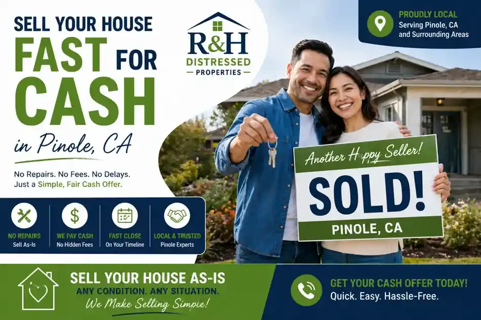 Happy Pinole CA homeowners holding a sold sign after selling their house fast for cash