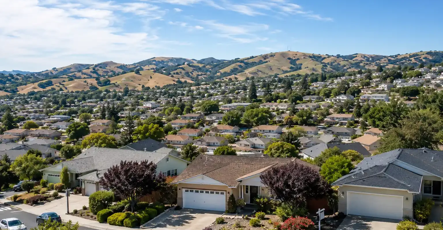 Sell my house fast Pittsburg CA. Pittsburg California hillside neighborhood hero image with suburban homes and rolling East Bay hills.