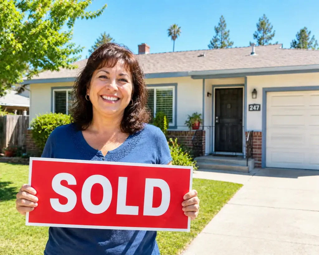 Happy Pittsburg California homeowner holding a red sold sign after selling their house fast for cash outside of a slightly dated suburban home