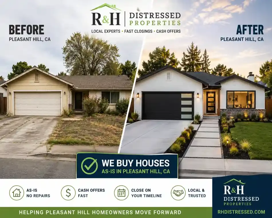 Before and after Pleasant Hill CA home transformation showing a distressed property renovated after homeowners chose to sell my house fast Pleasant Hill CA for cash to R&H Distressed Properties with no repairs, no realtor fees, and a fast as-is closing process