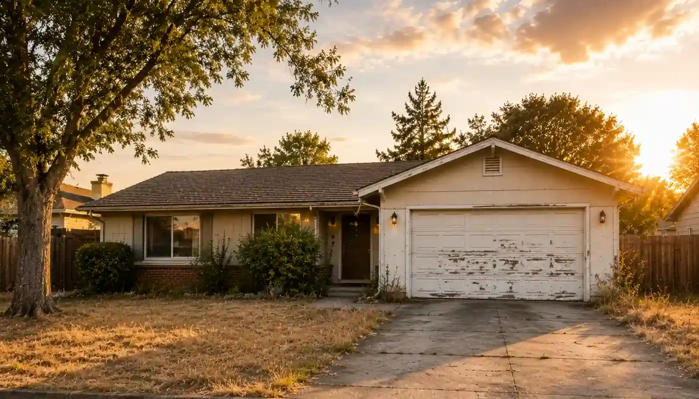 Pleasant Hill CA home with an older exterior and dry lawn representing homeowners who want to sell their house fast for cash to R&H Distressed Properties without repairs or realtor commissions