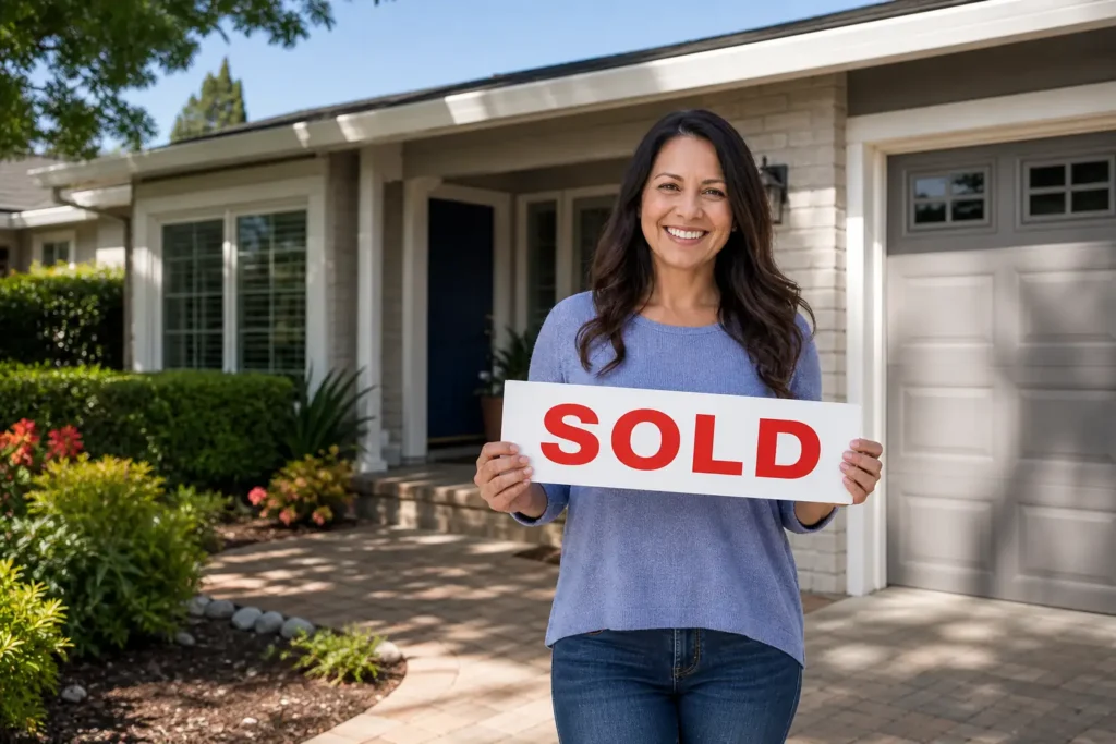 Sell my house fast pleasanton california. happy homeowner holding sold sign in front of pleasanton california house normal condition suburban home after fast sale