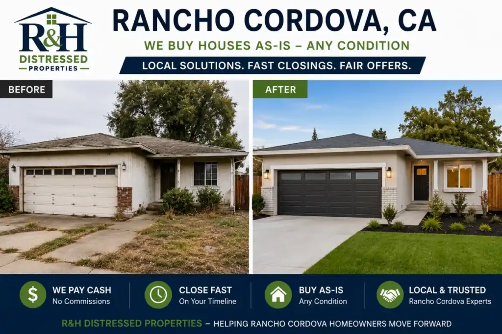 Before and after home transformation in Rancho Cordova CA showing a distressed property renovated after selling fast for cash to R&H Distressed Properties with no repairs or realtor commissions needed