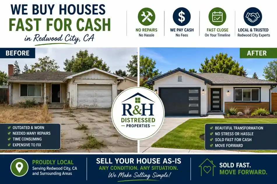 Before and after Redwood City CA home transformation showing a distressed property renovated after homeowners chose to sell my house fast for cash to R&H Distressed Properties without repairs.