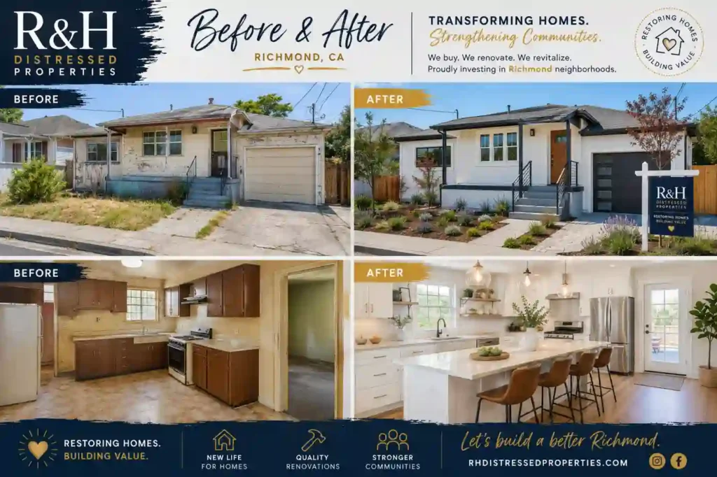 Before and after fixer upper house transformation in Richmond CA by R&H Distressed Properties featuring exterior renovation and modern kitchen remodel for homeowners looking to sell my house fast for cash.