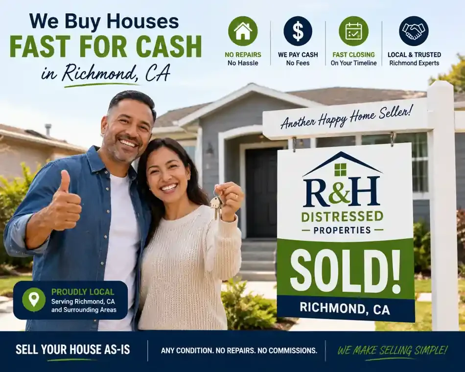 Happy Richmond CA homeowners holding a sold sign after choosing to sell my house fast Richmond CA for cash to R&H Distressed Properties without repairs, commissions, or delays