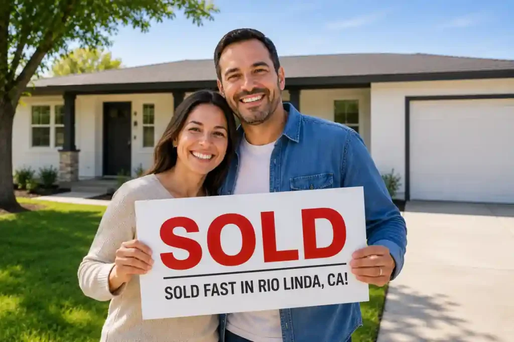 Cash For Homes Rio Linda CA. Happy homeowners holding sold sign after selling house fast for cash to a local cash home buyer