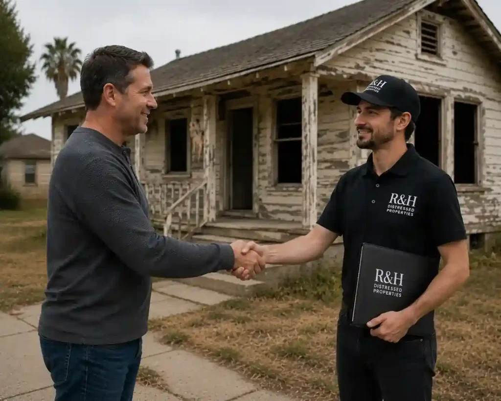 Seller shaking hands with R&H Distressed Properties outside a fixer upper house in Riverbank CA after accepting a fast cash home offer
