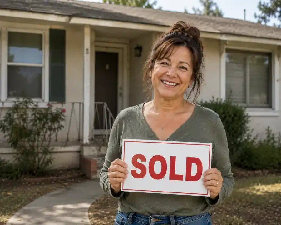 Happy Riverbank California homeowner holding sold sign after selling house fast for cash to local cash home buyers