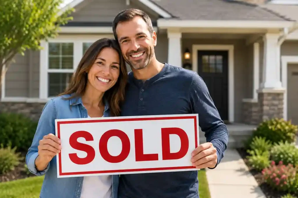 We buy houses fast in Rocklin CA. Happy homeowners holding sold sign after selling their house fast for cash to a local home buyer