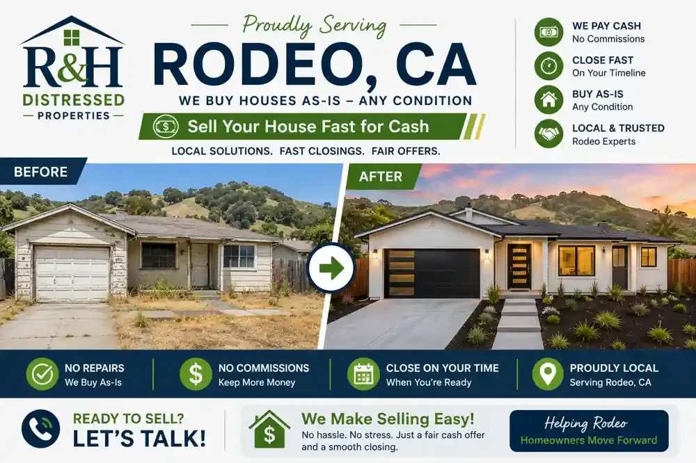 Before and after transformation showing a distressed home renovated after homeowners decided to sell my house fast Rodeo CA for cash to R&H Distressed Properties without repairs, realtor fees, or delays