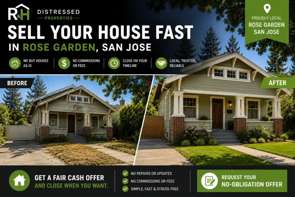 Before and after renovation image of a historic craftsman style house in Rose Garden San Jose California with R&H Distressed Properties overlays promoting sell your house fast services, cash offers, no commissions, and as-is home sales