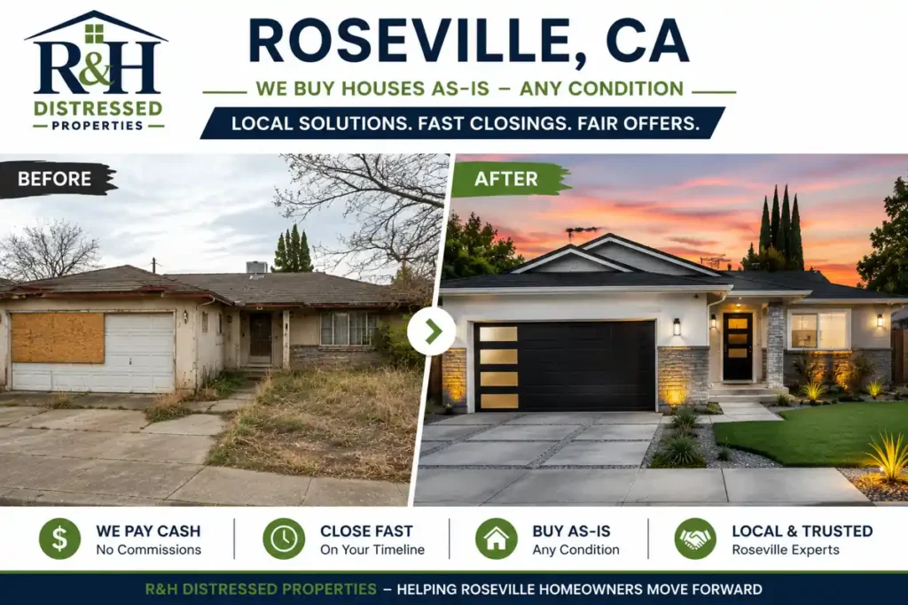 Before and after home renovation in Roseville CA showing a distressed property transformed after a fast cash sale to R&H Distressed Properties for homeowners looking to sell my house fast as-is in Roseville California