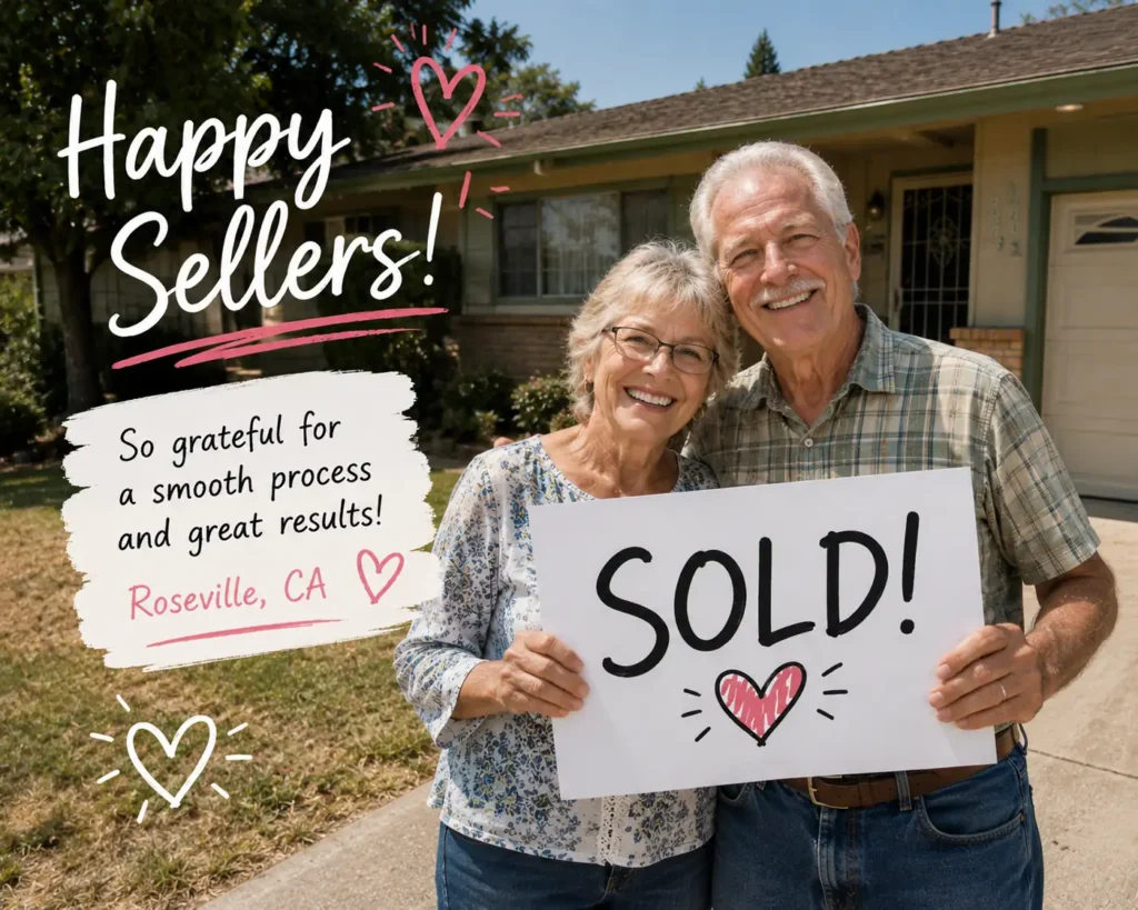 Older couple holding a sold sign outside their dated Roseville CA home after selling their house fast for cash.